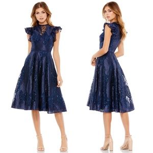 Mac Duggal Navy Blue Lace Midi Dress